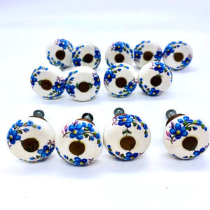 Handpainted Ceramic Hardware Knobs White with Blue Flowers Preowned Set of 13